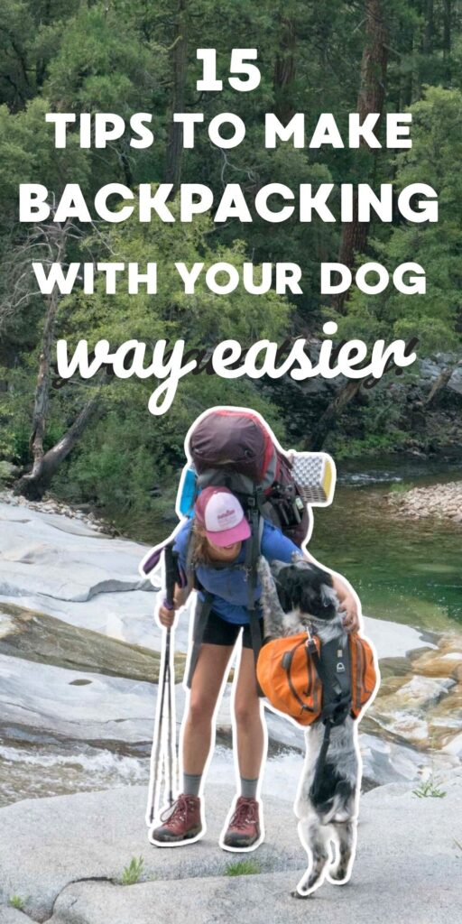 Photo of woman hiking with a dog with text "15 tips to make backpacking with your dog way easier"