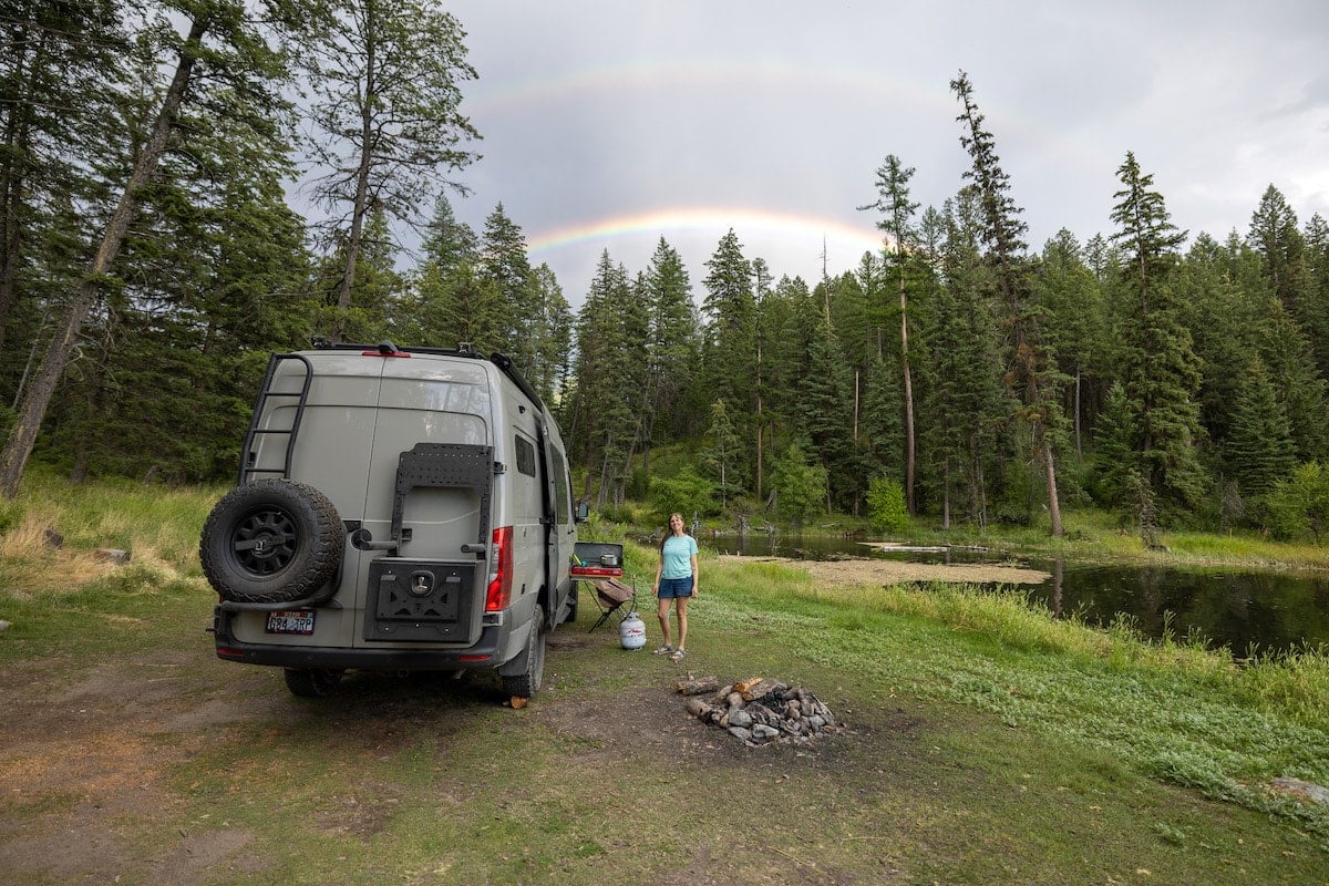 Sprinter Van parked at free lakeside campsite